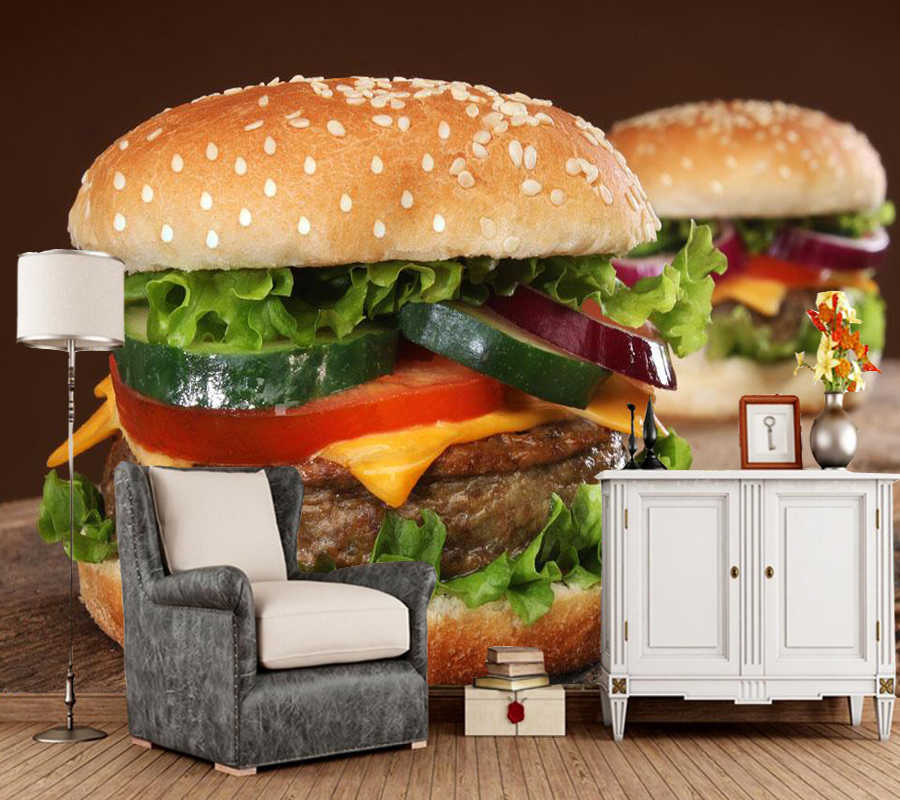 Custom Food Wallpaper, Burger Murals For Kitchen Restaurant - Murales En 3d Hamburguesa - HD Wallpaper 