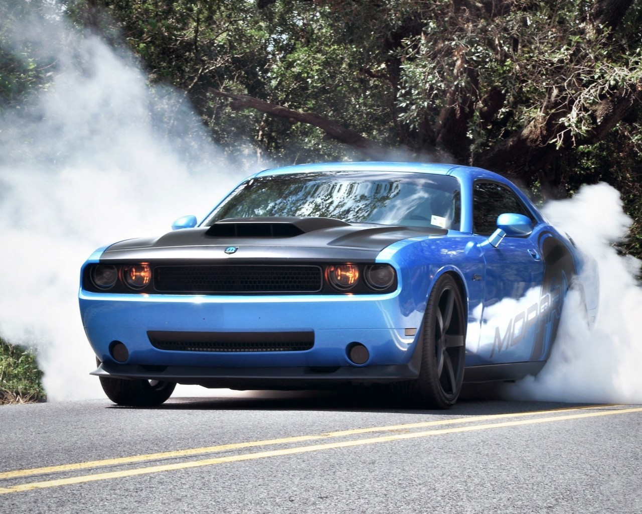 Dodge Challenger, Front View, Burnout, Blue, Cars - Dodge Challenger  Screensaver - 1280x1024 Wallpaper 