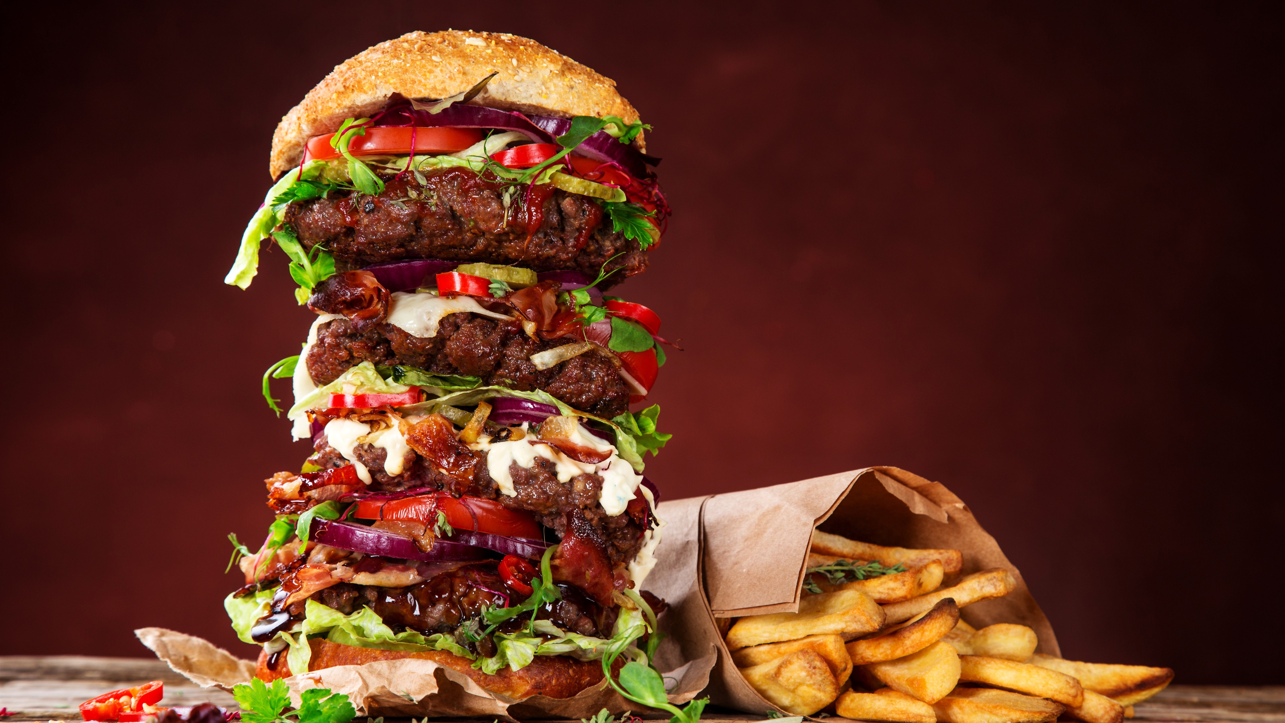 Wallpaper Fast Food, Big Hamburger, French Fries - Burger Wallpaper Hd - HD Wallpaper 