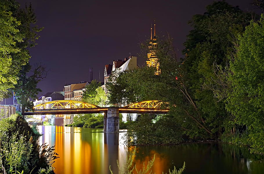 Bridge, Night, River, Water, Opole, Poland, Tree, Scrubs, - Reflection - HD Wallpaper 