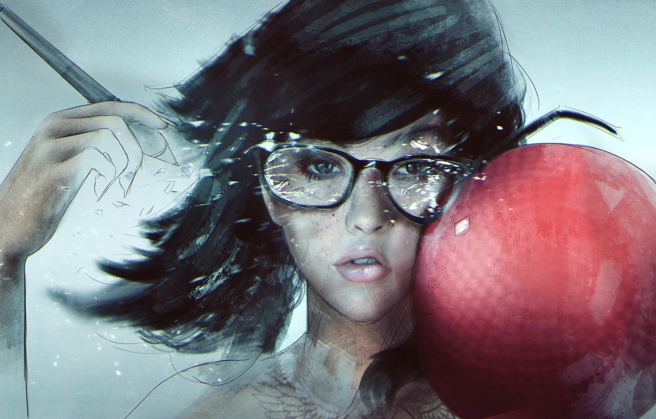 Photo Wallpaper Girl, Face, Art, Glasses, Blow, Hipster, - Women With Glasses Paintings - HD Wallpaper 