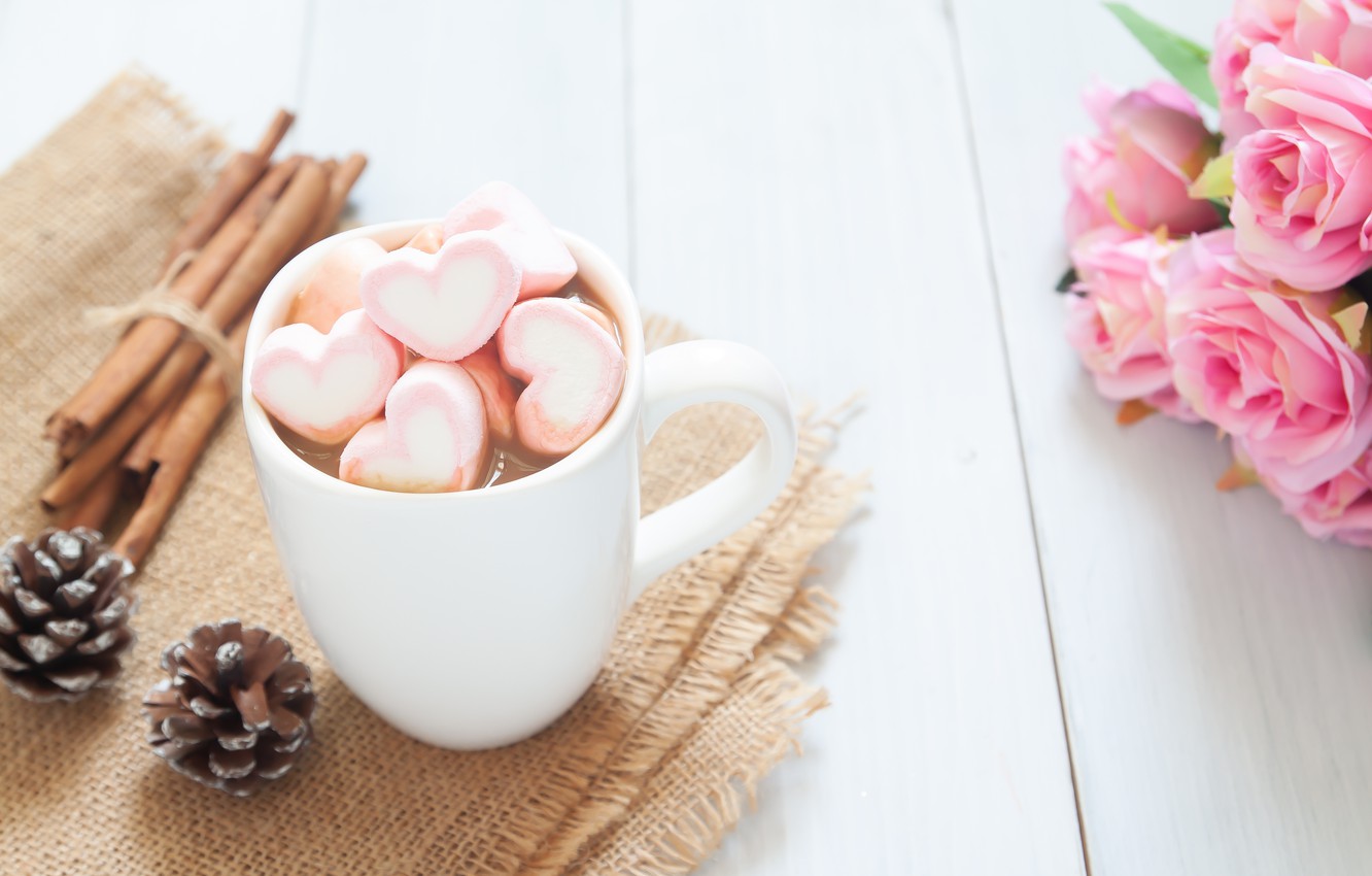 Photo Wallpaper Roses, Bouquet, Cup, Hearts, Wood, - Słodka Tapeta Na Pulpit Pianki - HD Wallpaper 