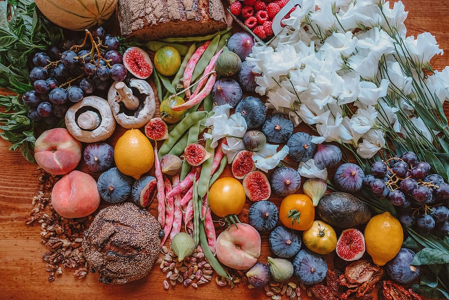 Fruit, Bread, Table, Grapes, Flowers, Figs, Melon, - HD Wallpaper 