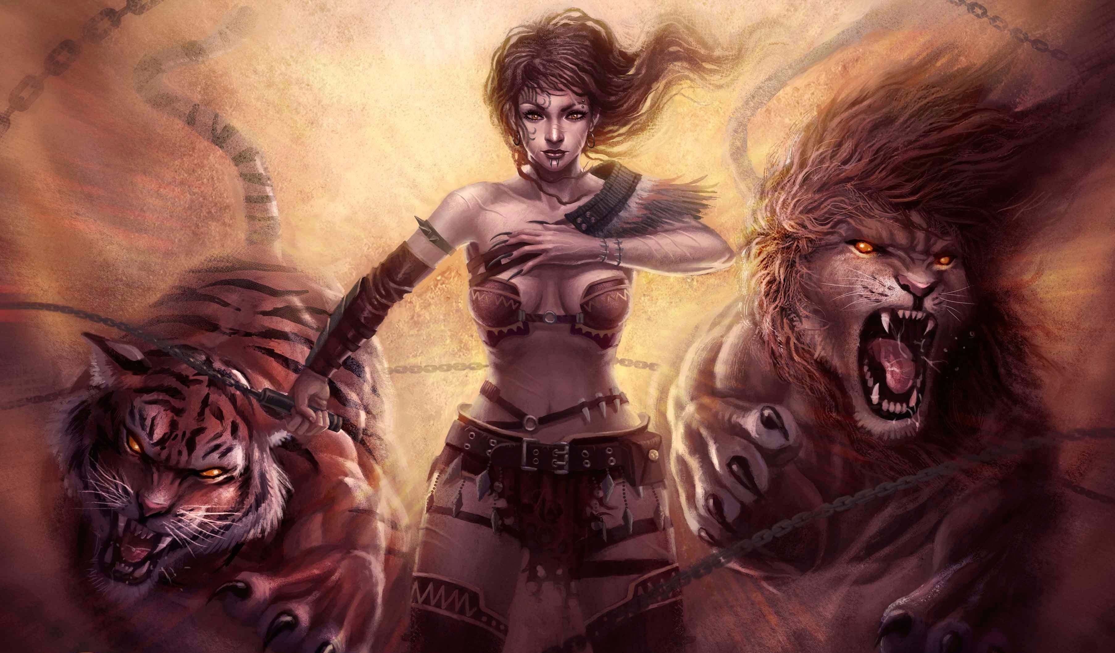 Fantasy, Art, Work, Lion, Tiger - Leo Wallpaper Woman - HD Wallpaper 