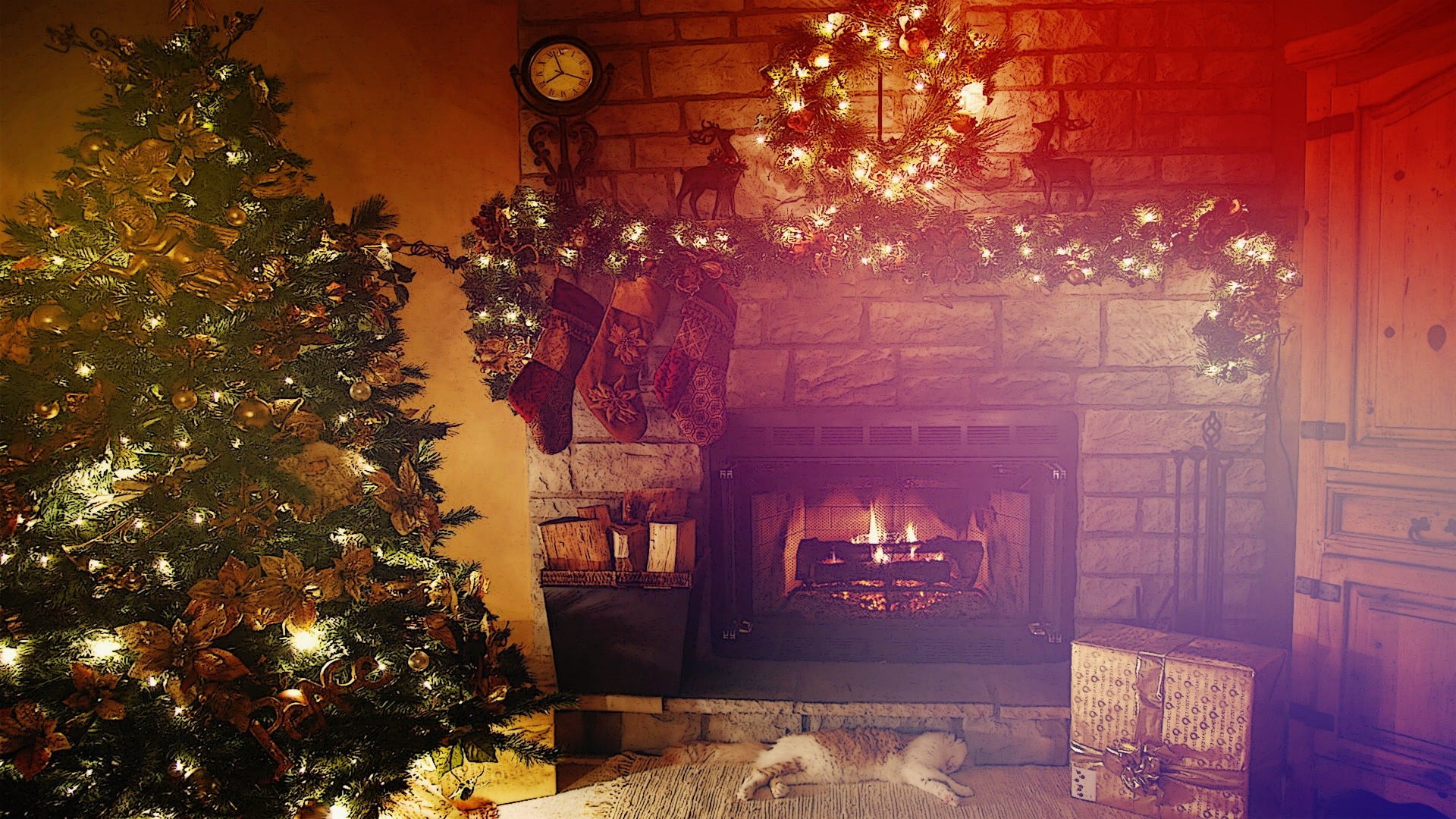 Christmas Tree And Dog By Fireplace - HD Wallpaper 