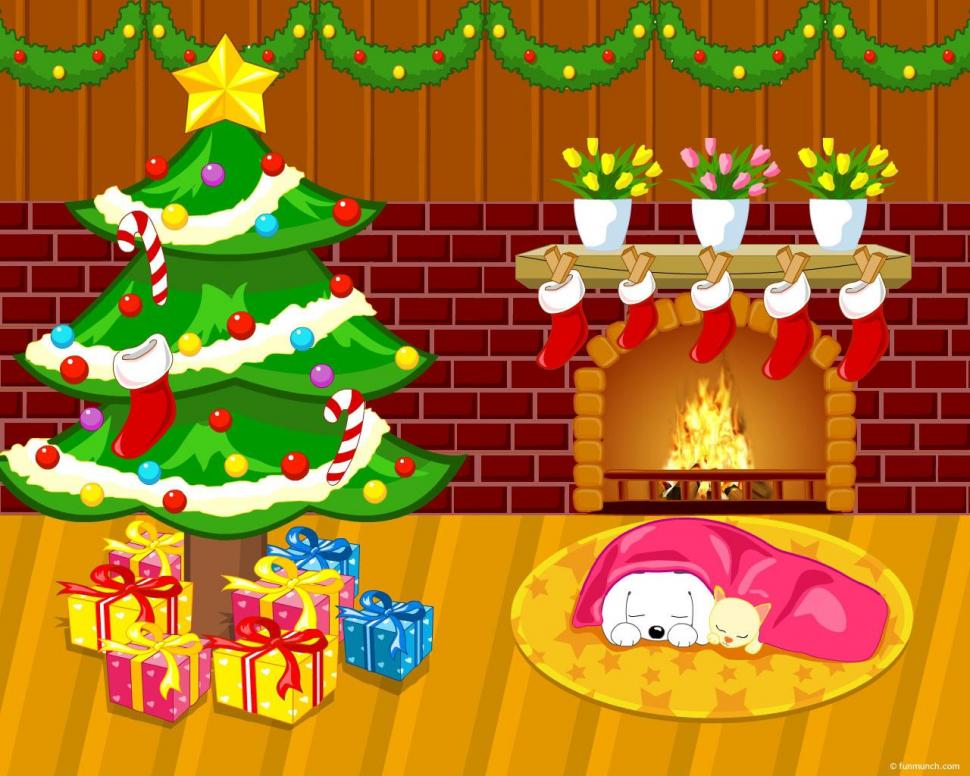 New Year, Christmas, Fireplace, Fur Tree, Gifts, Dream - Christmas Day Home Cartoon - HD Wallpaper 