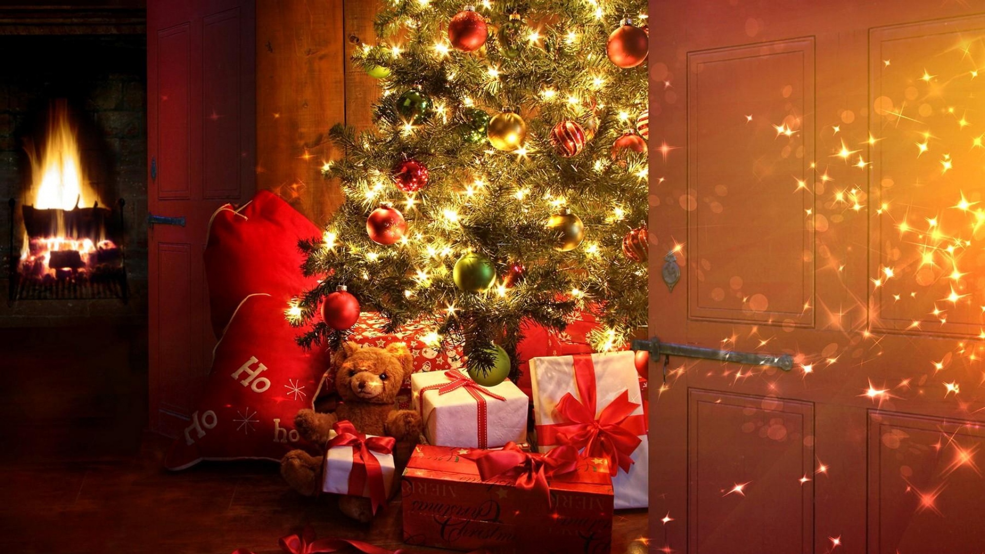 New Year Christmas Tree Presents Fireplace Door Wallpaper - Christmas Is Coming Hd - HD Wallpaper 