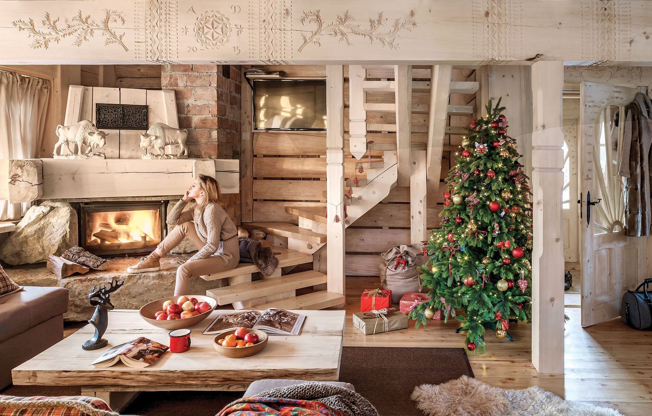 Photo Wallpaper Girl, Tree, Christmas, Gifts, New Year, - Dom W Górach Na Święta - HD Wallpaper 
