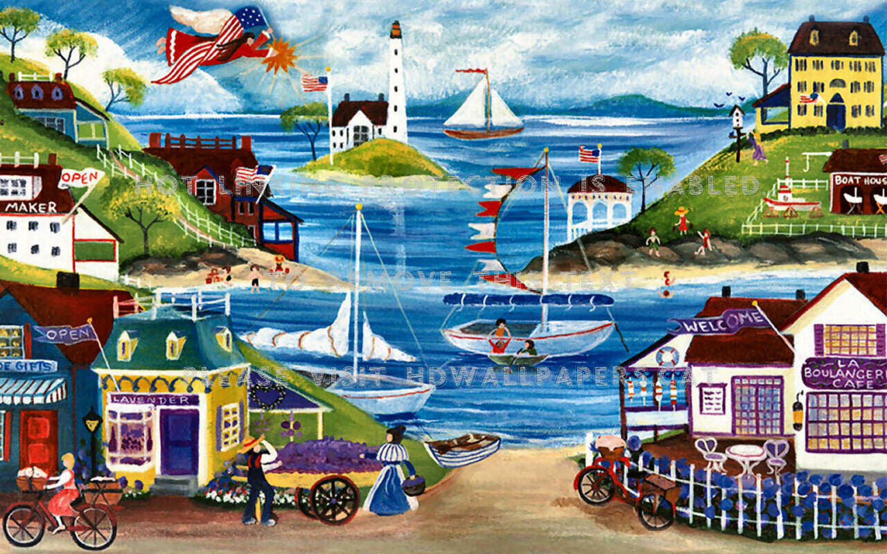 All American Seaside F1 Folk Art Seascape - Folk Art Painting Seasode - HD Wallpaper 