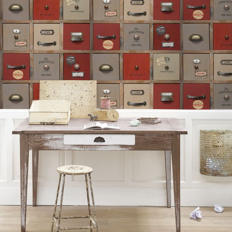Red Retro Drawers Workshop Wallpaper - Papier Peint Effet Beton Ciré Octe - HD Wallpaper 