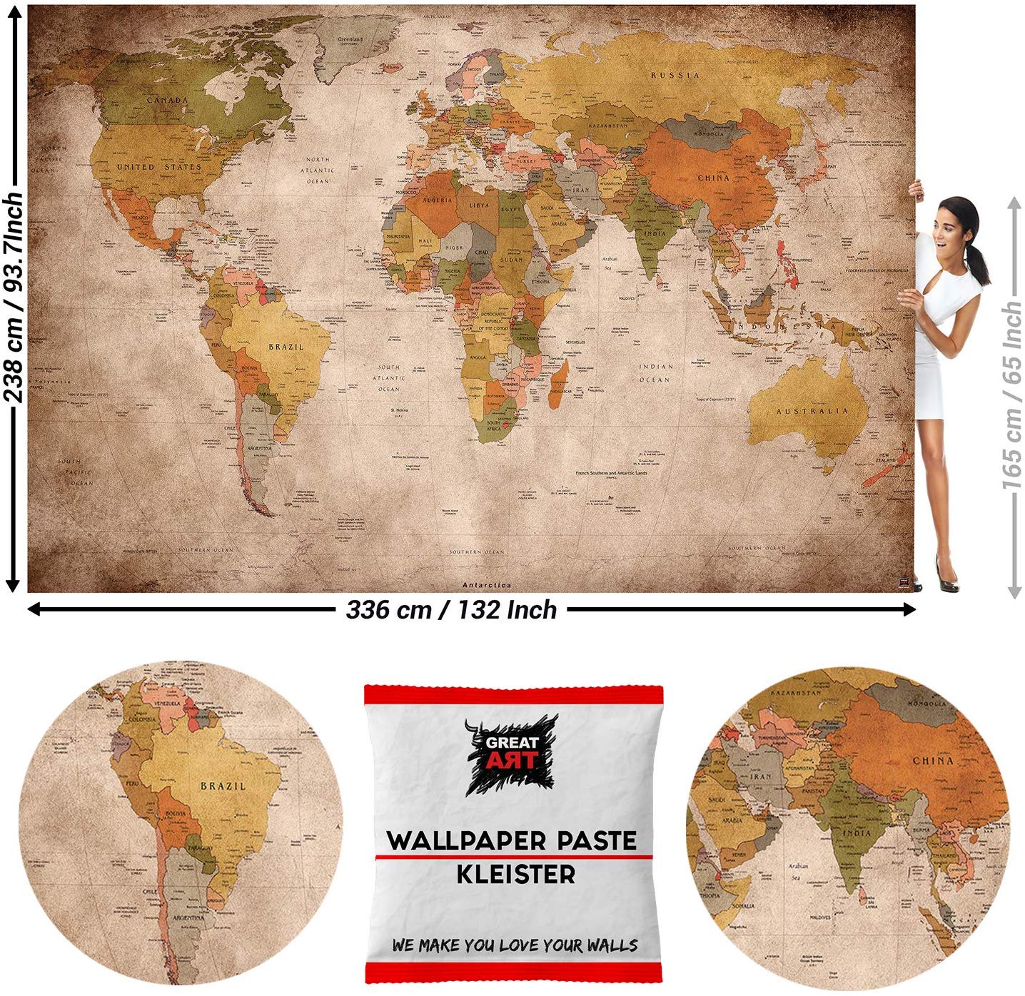 Great Art Retro World Map Wallpaper 336 Cm X 238cm - HD Wallpaper 