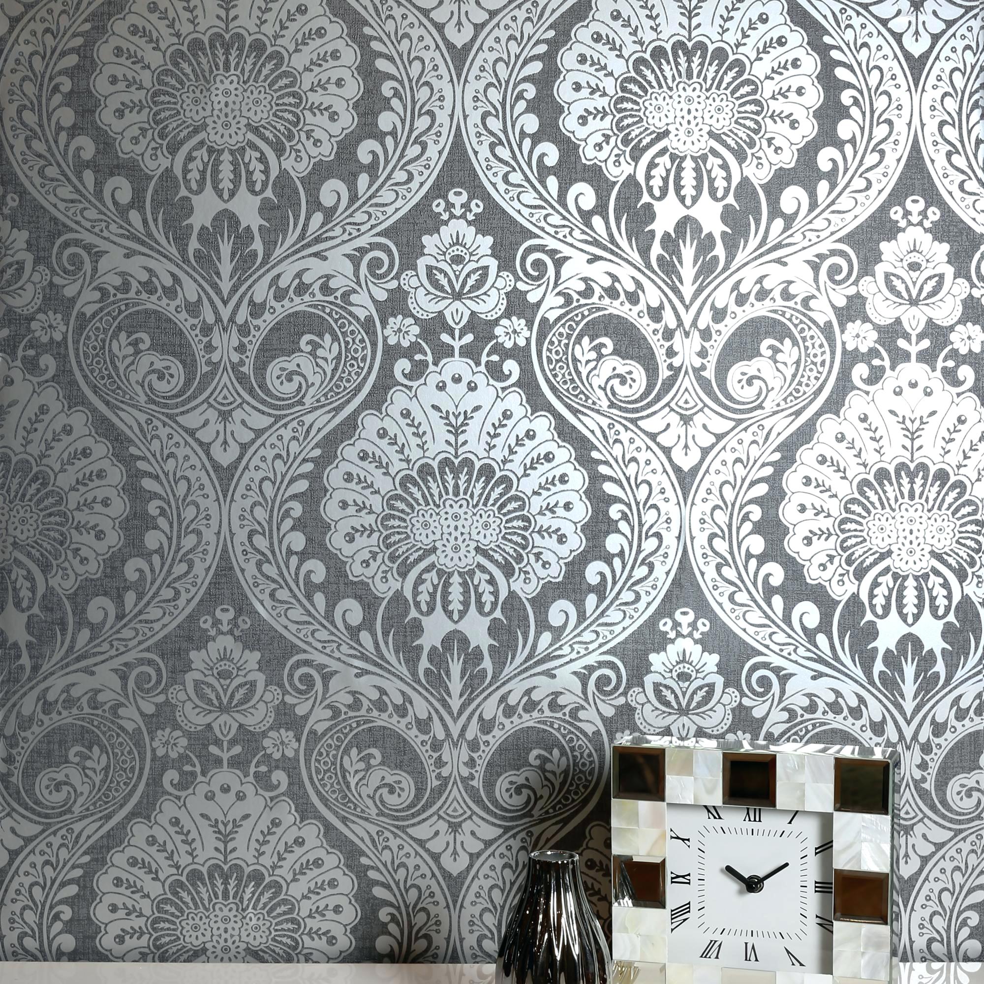 Grey Damask Wallpaper Gunmetal Uk - Arthouse Damask - HD Wallpaper 