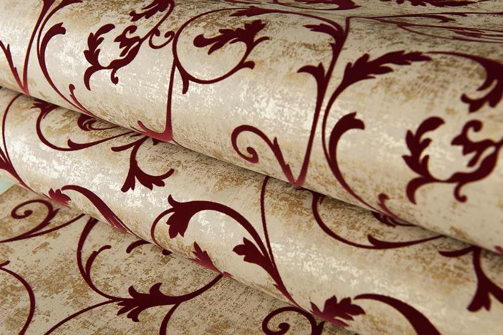Bronze Golden Burgundy Vintage Curly Grass Velvet Flocked - Wallpaper - HD Wallpaper 