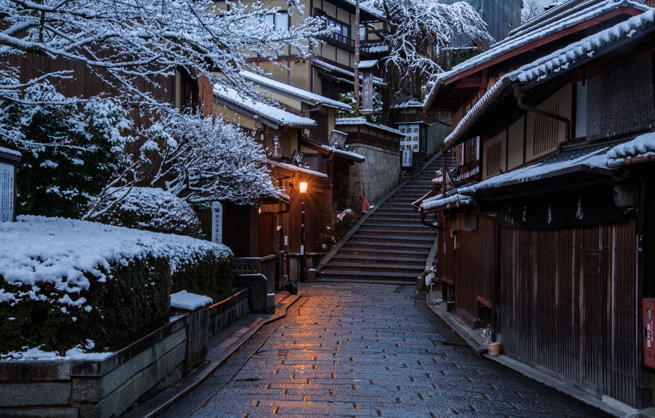 Photo Wallpaper Home, Winter, Road, The City, Japan, - Street Japan Winter City - HD Wallpaper 