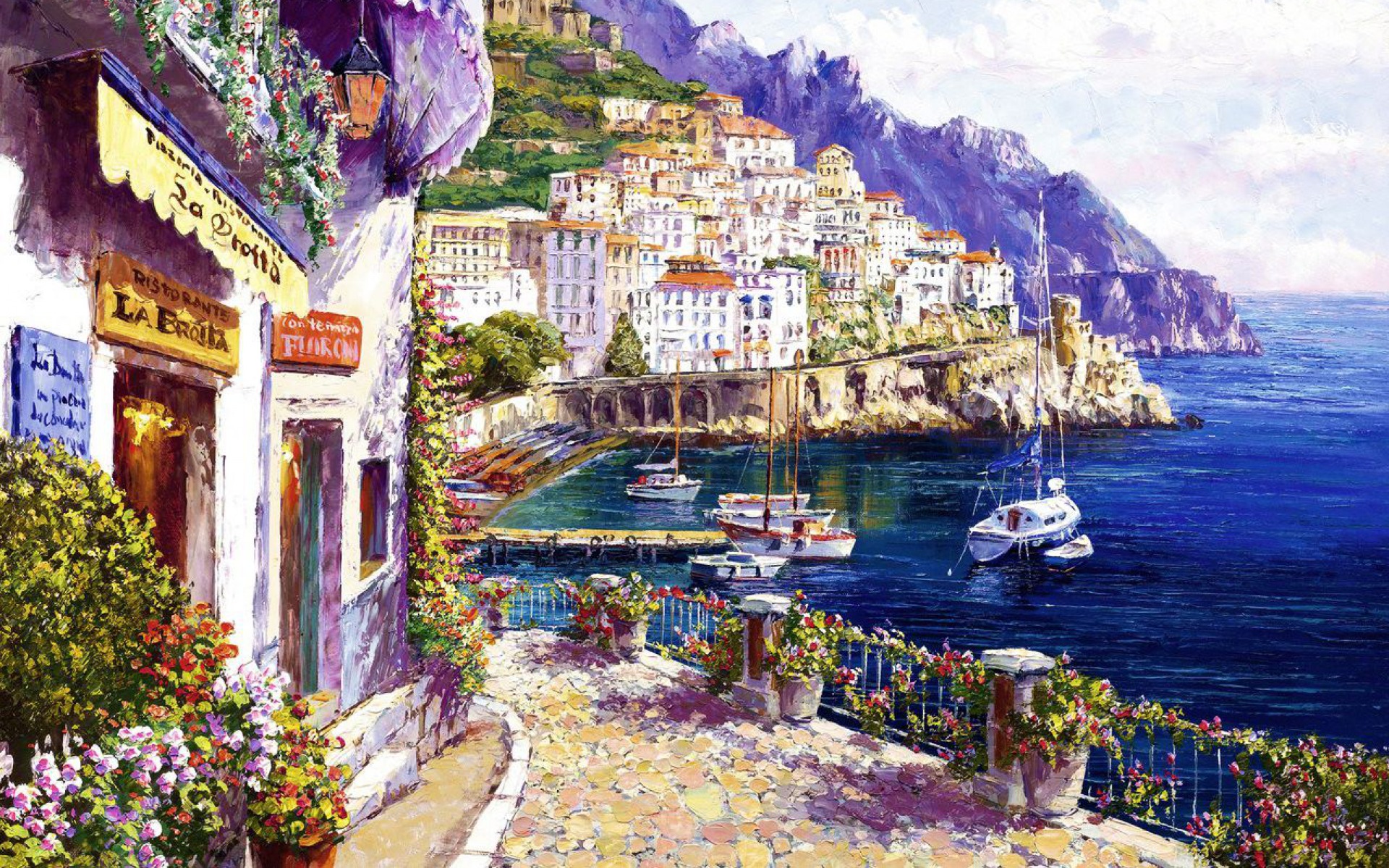 Pretty Amalfi Coast Italy Wallpapers - Beautiful Town View Painting - HD Wallpaper 