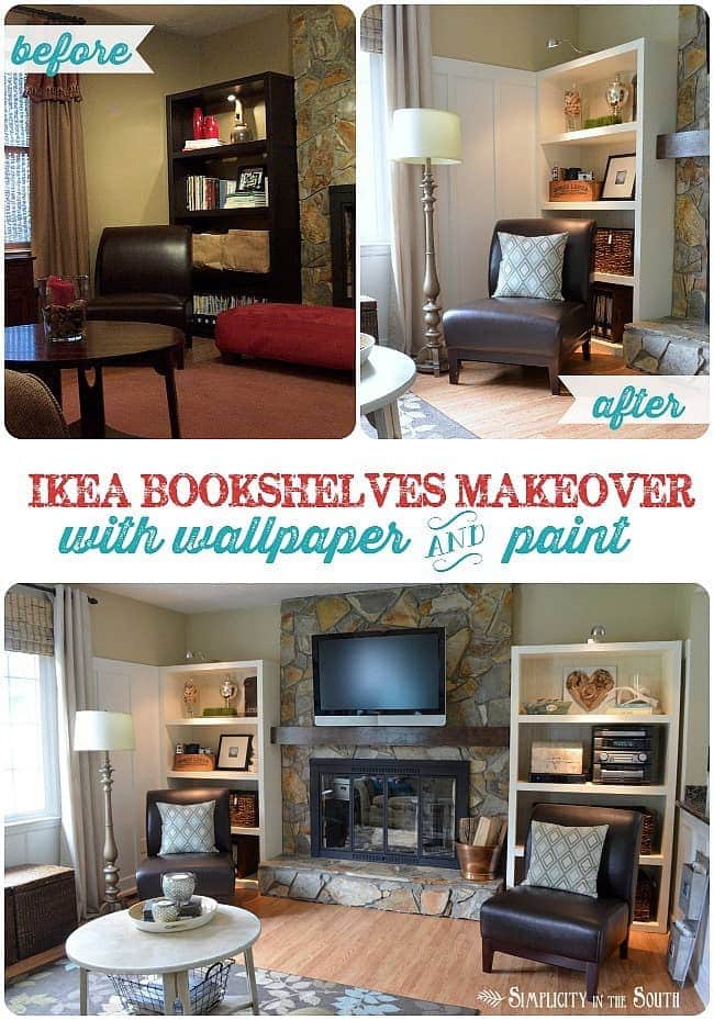Makeover Ikea Bookshelves With Wallpaper And Paint - Living Room - HD Wallpaper 