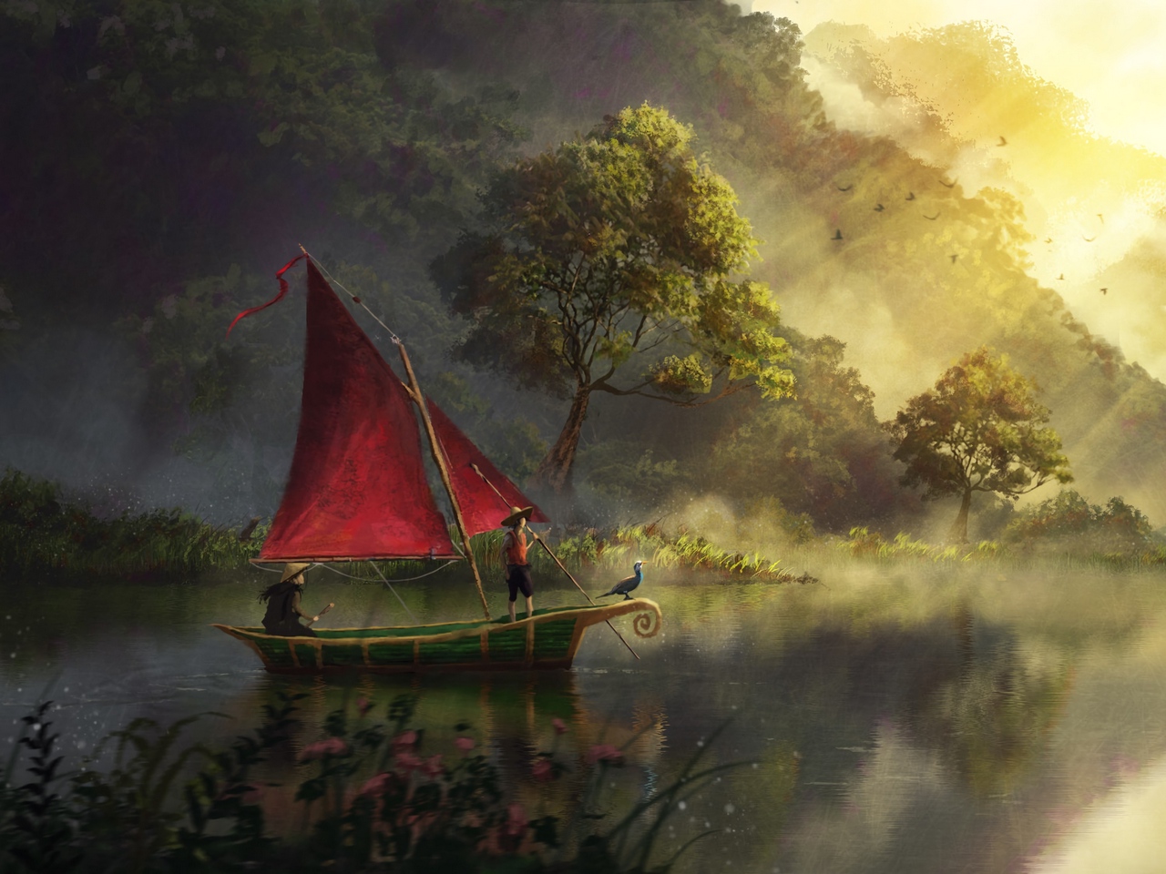 Wallpaper Boat, River, Art, Fog, Dawn - River Boat Art Fantasy - HD Wallpaper 