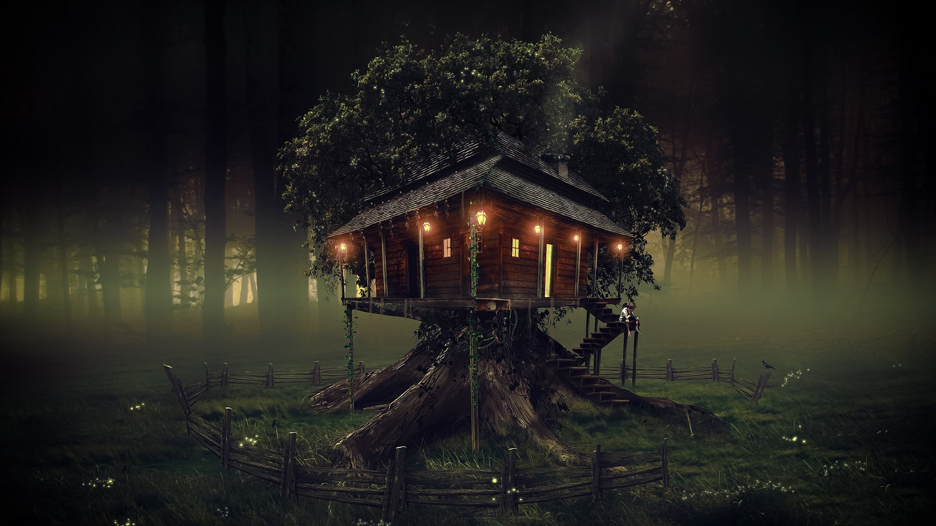 Tree House In The Dark - HD Wallpaper 