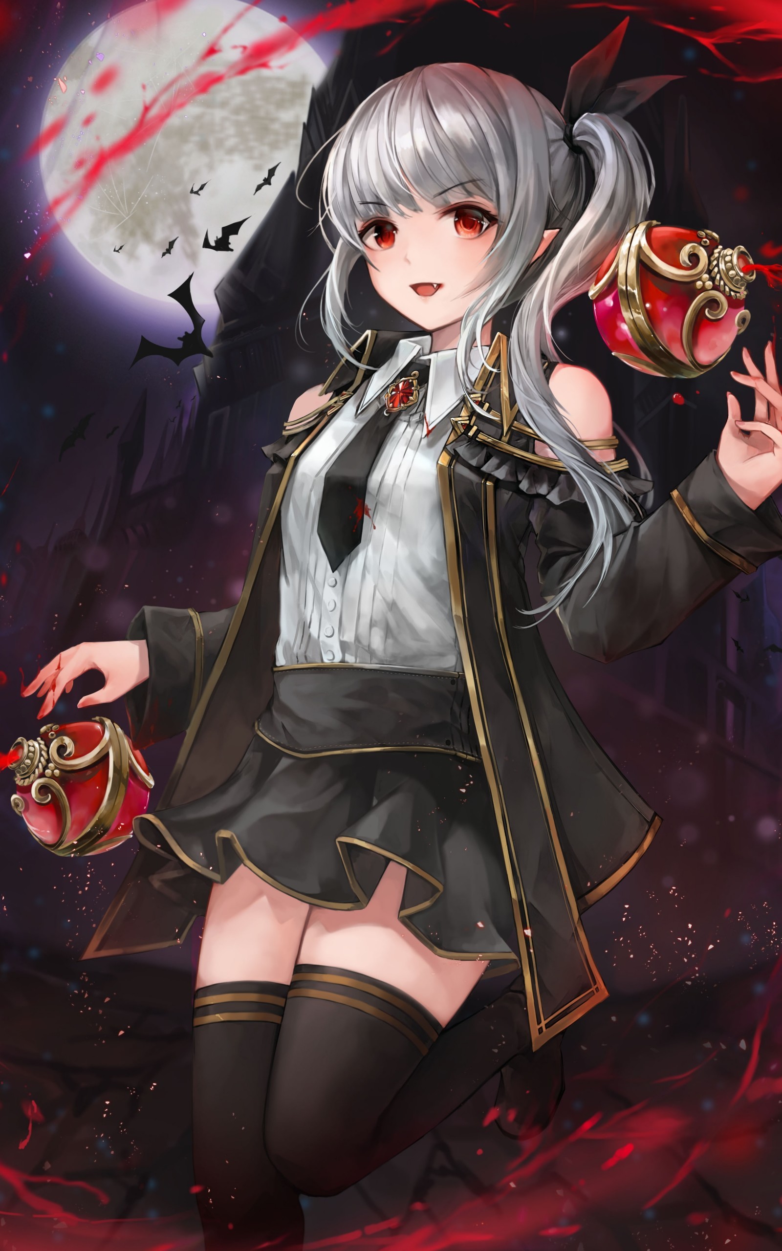 Anime Vampire Girl, Fang, Red Eyes, Gray Hair, Moon, - 10x10 Anime Vampire Girl, Fang, Red Eyes, Gray Hair, Moon, - 10x10
