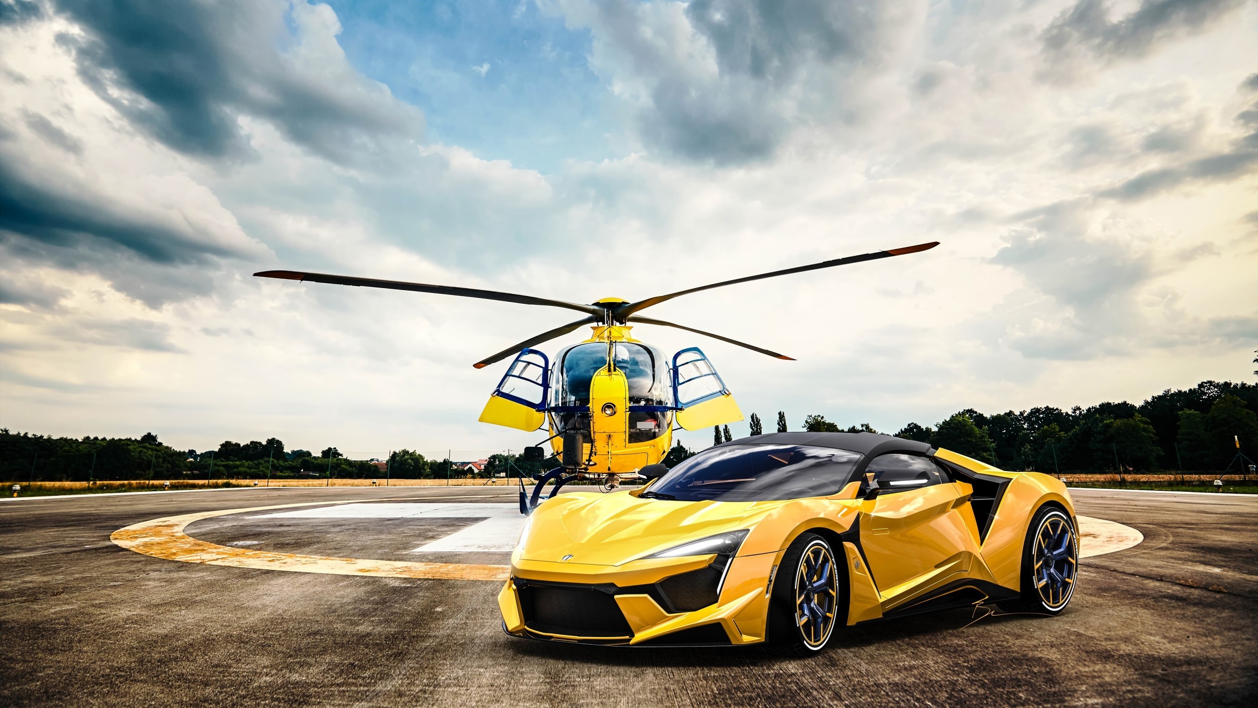 Yellow Supercar, Helicopter, Clouds - Hd Image Of Helicopter - HD Wallpaper 