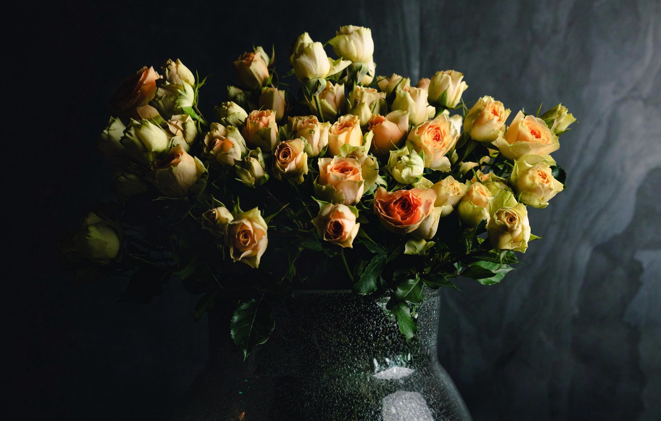 Photo Wallpaper Dark, Wallpaper, Flowers, Vase, Bouquet, - Dark Flower Vase  Background - 1332x850 Wallpaper 
