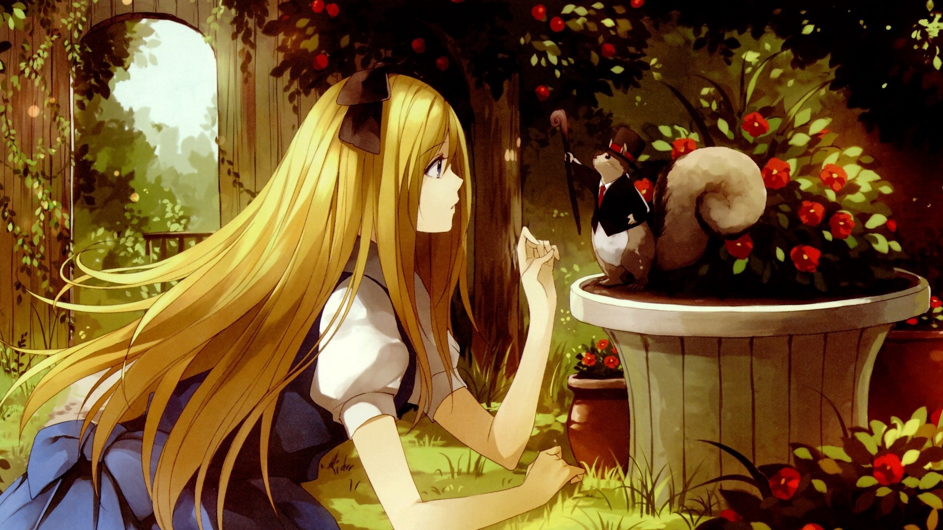 Wallpaper Girl, Blonde, Hamster, Hat, Garden, Flowers, - صور انمي في حديقه - HD Wallpaper 