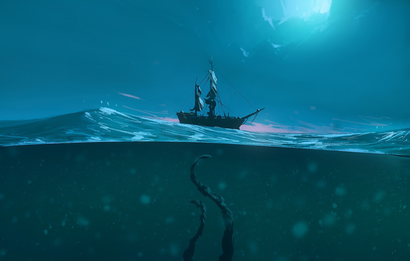 Photo Wallpaper The Ocean, Sea, Night, Monster, Ship, - Underwater Monster - HD Wallpaper 