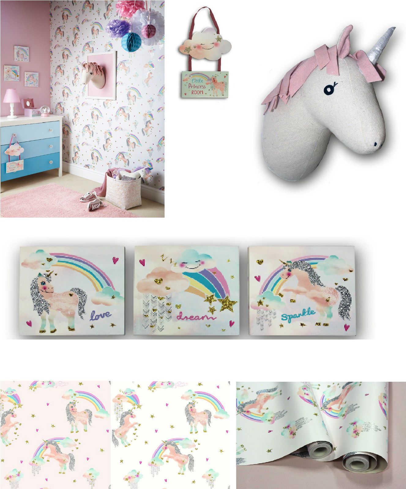Arthouse 696109 Girls Rainbow Unicorn Glitter Wallpaper - Dětské Obrázky Na Plátně - HD Wallpaper 