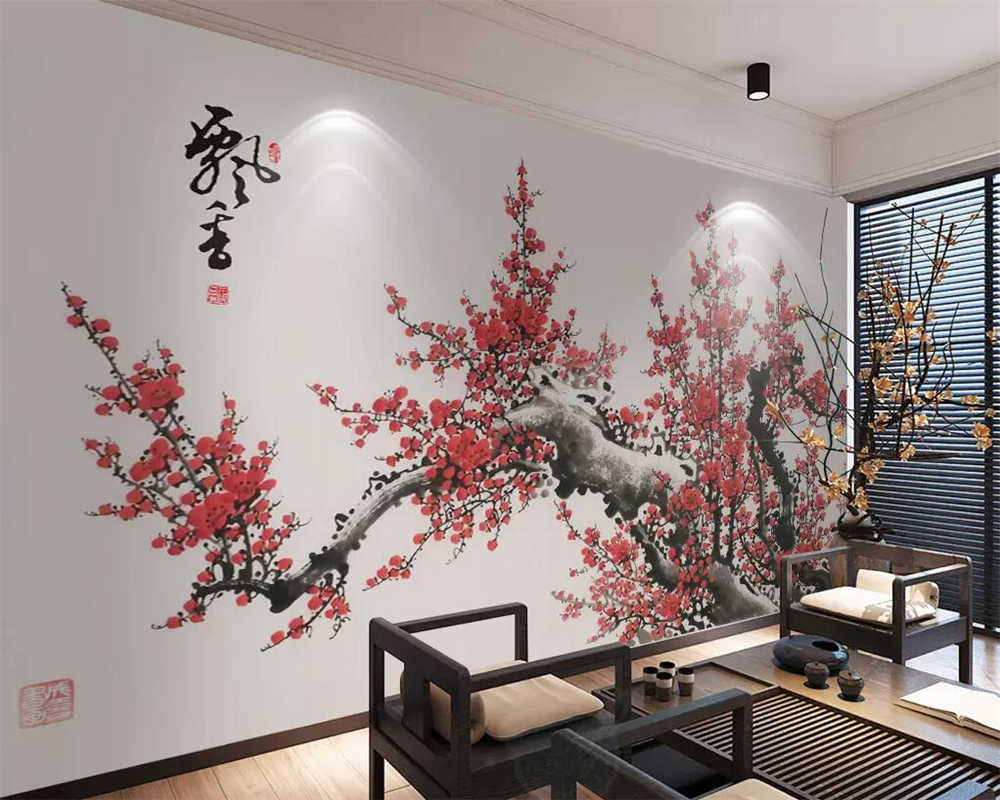Beibehang 3d Wallpaper Chinese Style Hand-painted Plum - گچ کاری سه بعدی - HD Wallpaper 