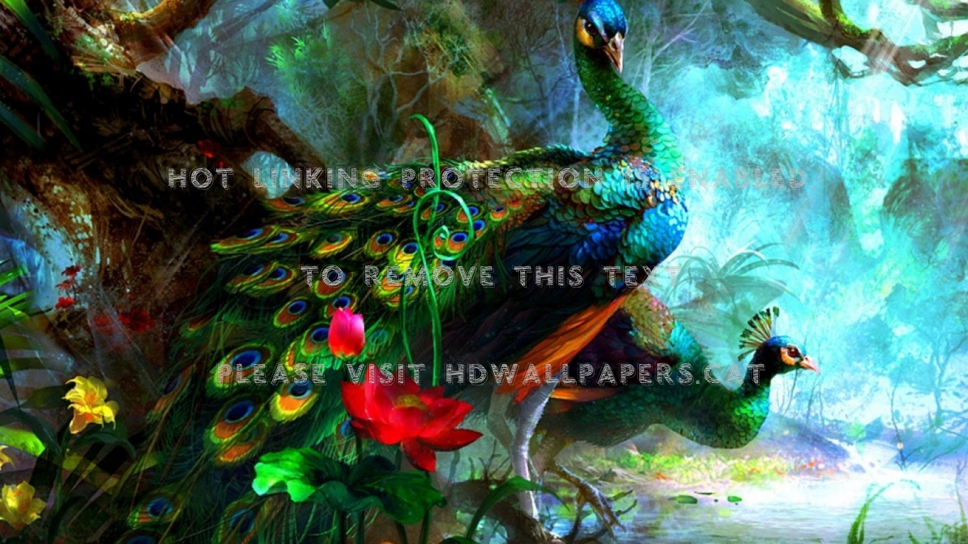 Peacock Lovely Colorful Two Animals - Painting - HD Wallpaper 