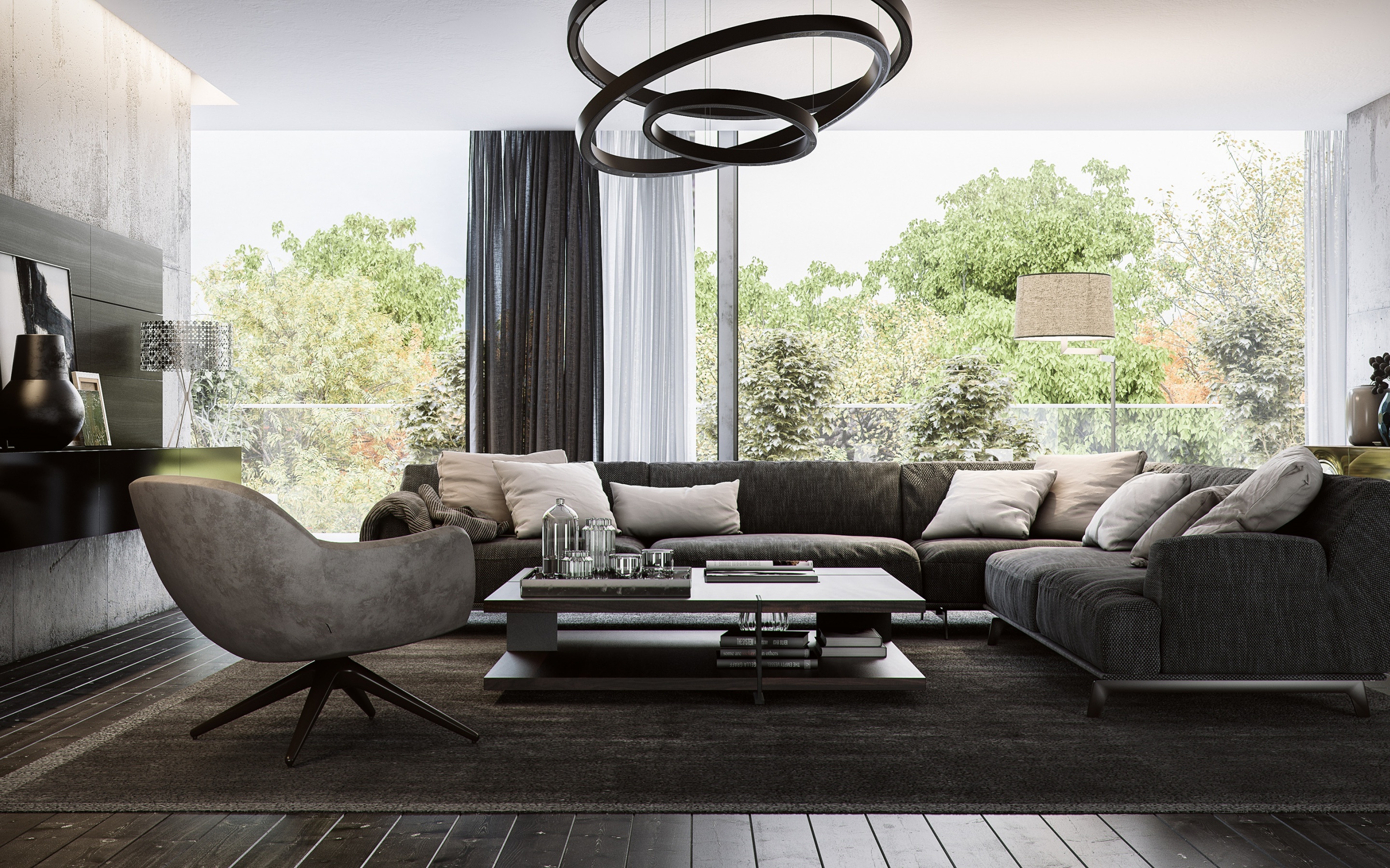 Stylish Interior Design, Living Room, Loft Style, Gray - Vardagsrum Med Mörk Soffa - HD Wallpaper 