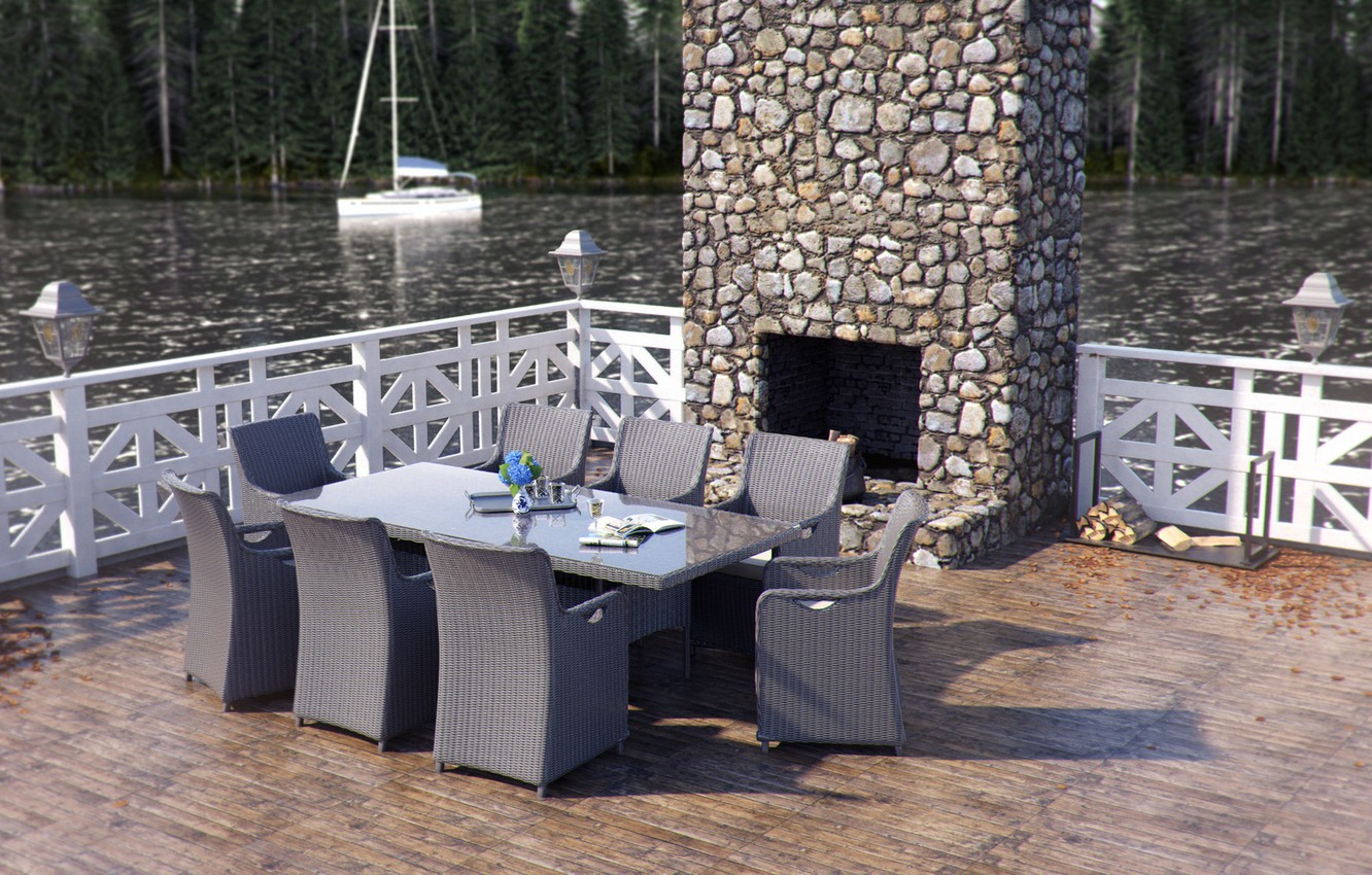 Photo Wallpaper Furniture, Yacht, Wood, Pond, Rattan - Table - HD Wallpaper 