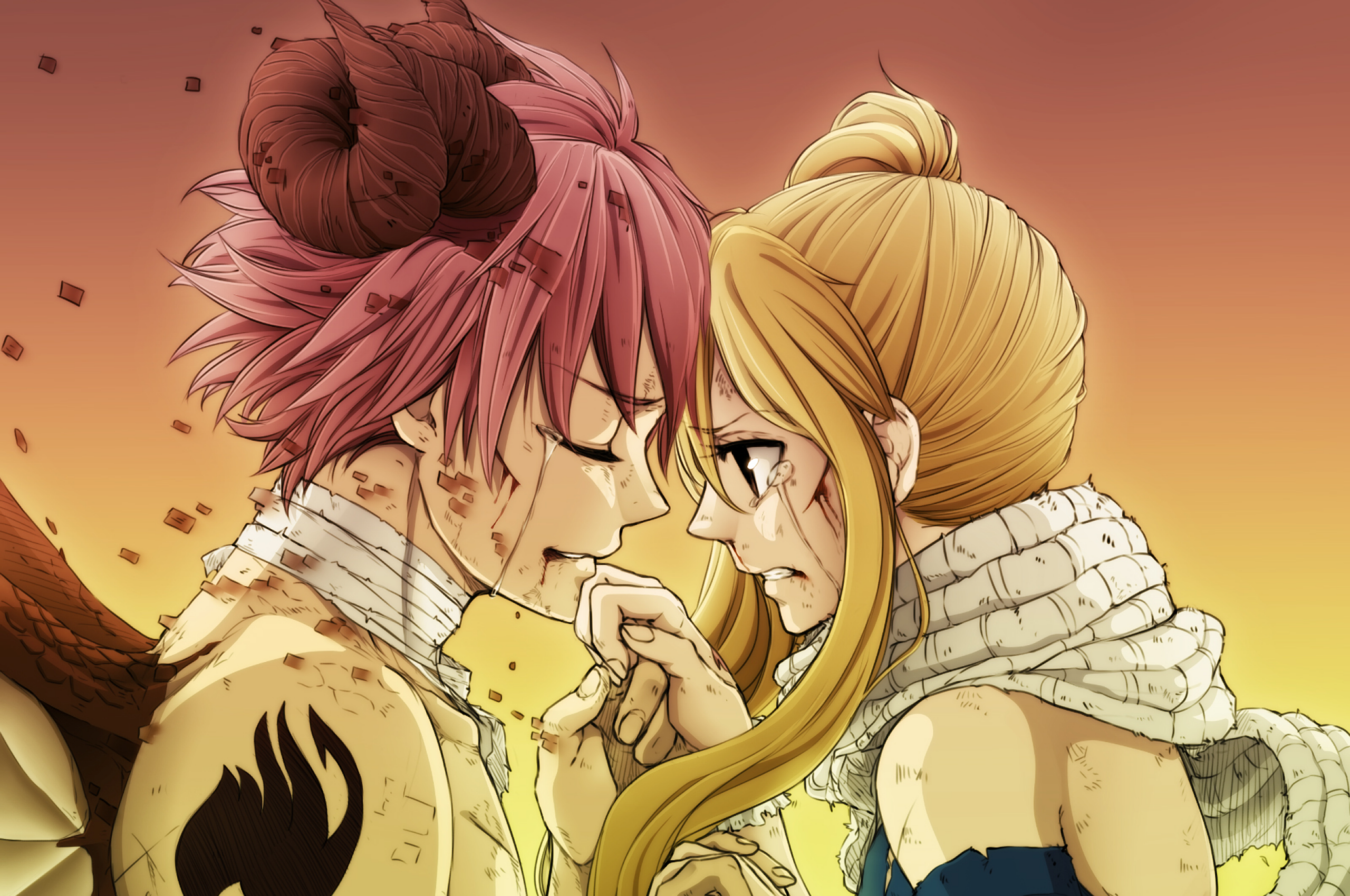 Natsu X Lucy, Fairy Tail, Tears, Scarf, After Fight - Natsu Dragon X Lucy - HD Wallpaper 