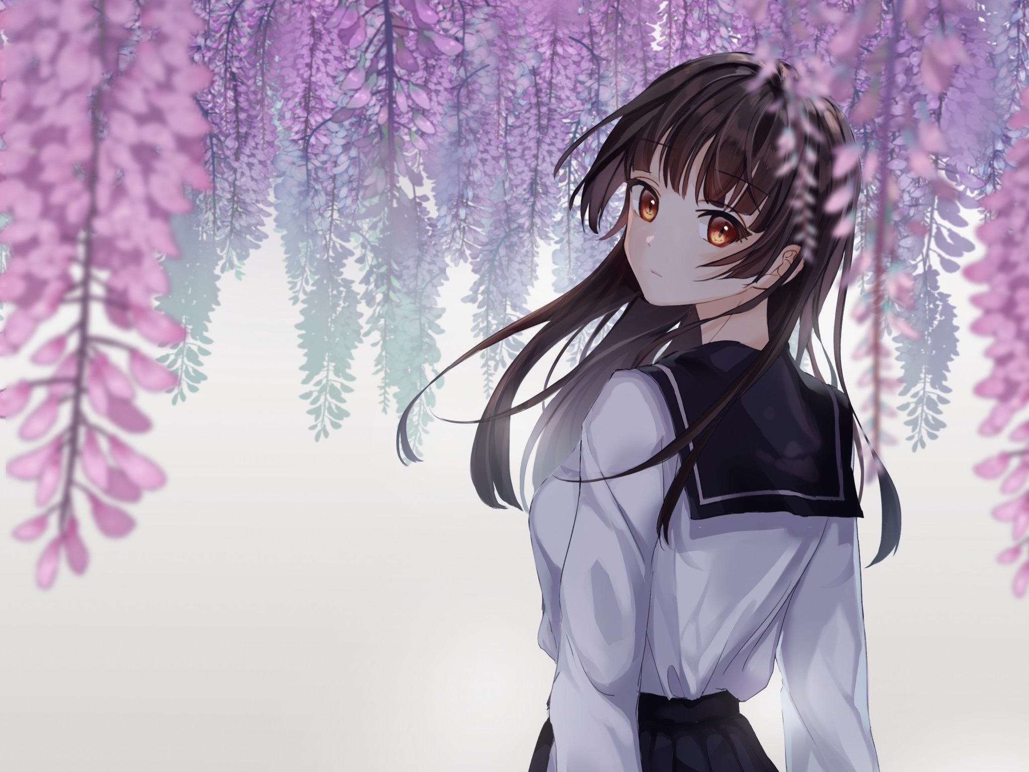 Anime School Girl, Cherry Blossom, Back View, School - 2048x1536 Wallpaper Anime School Girl, Cherry Blossom, Back View, School - 2048x1536 Wallpaper
