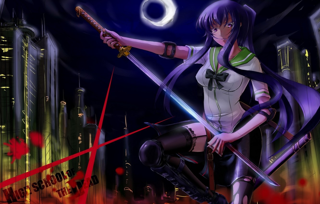 Photo Wallpaper Girl, Katana, Anime, Art, Highschool - Saeko Busujima Art - HD Wallpaper 