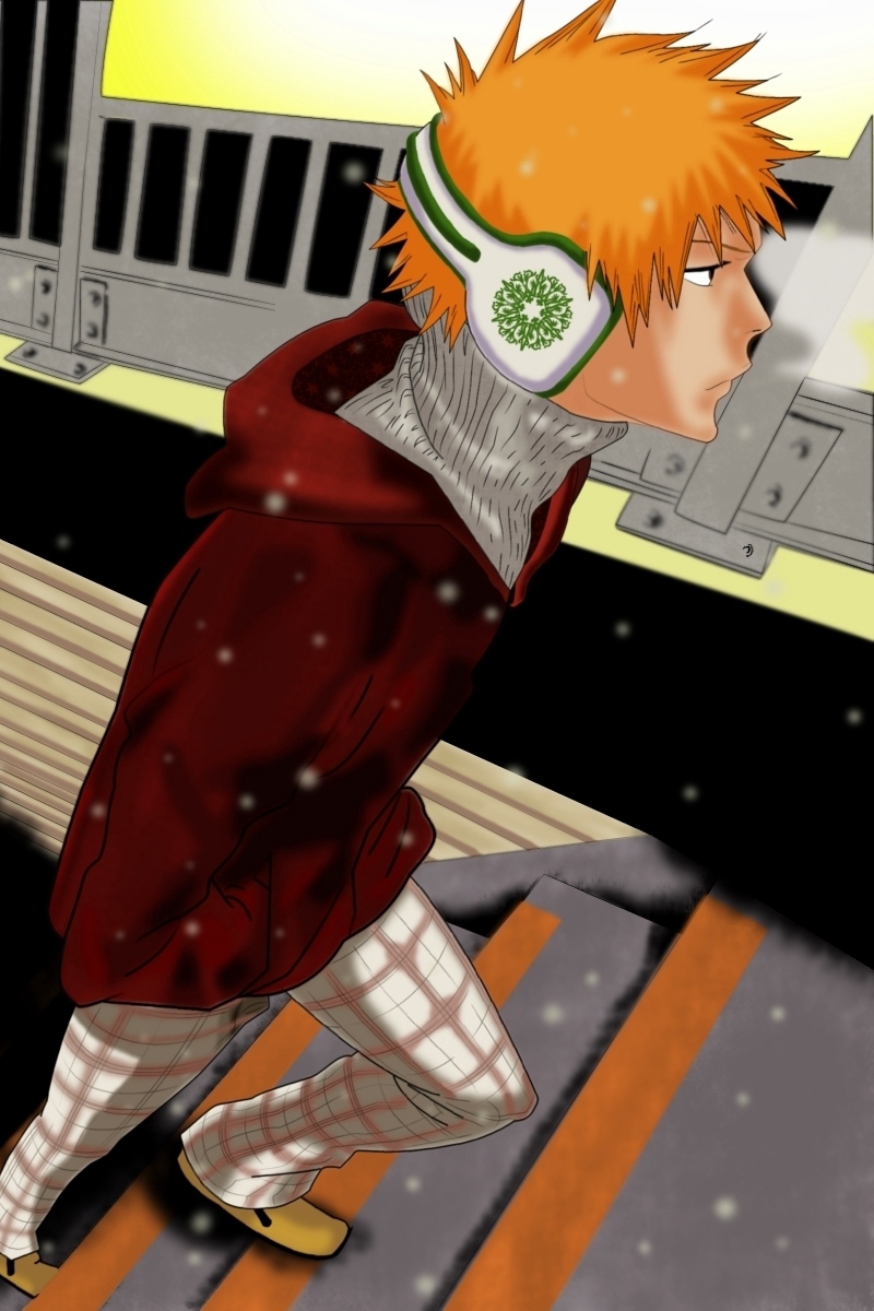 Wallpaper Bleach, Ichigo Kurosaki, Ladder, Snow, Headphones - Bleach Ichigo Headphones - HD Wallpaper 