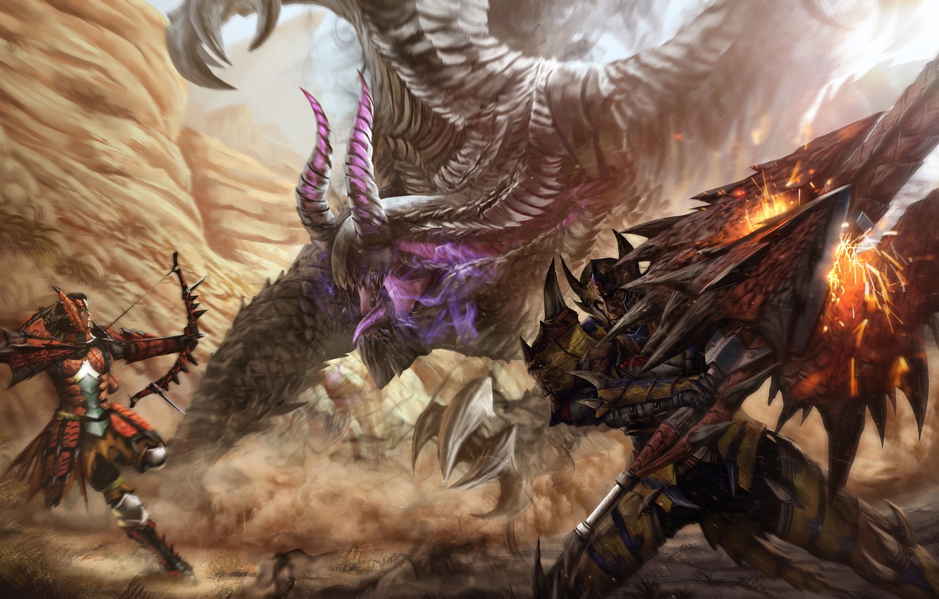 Photo Wallpaper Monster, Sword, Warrior, Art, Archer, - High Resolution Monster Hunter World - HD Wallpaper 