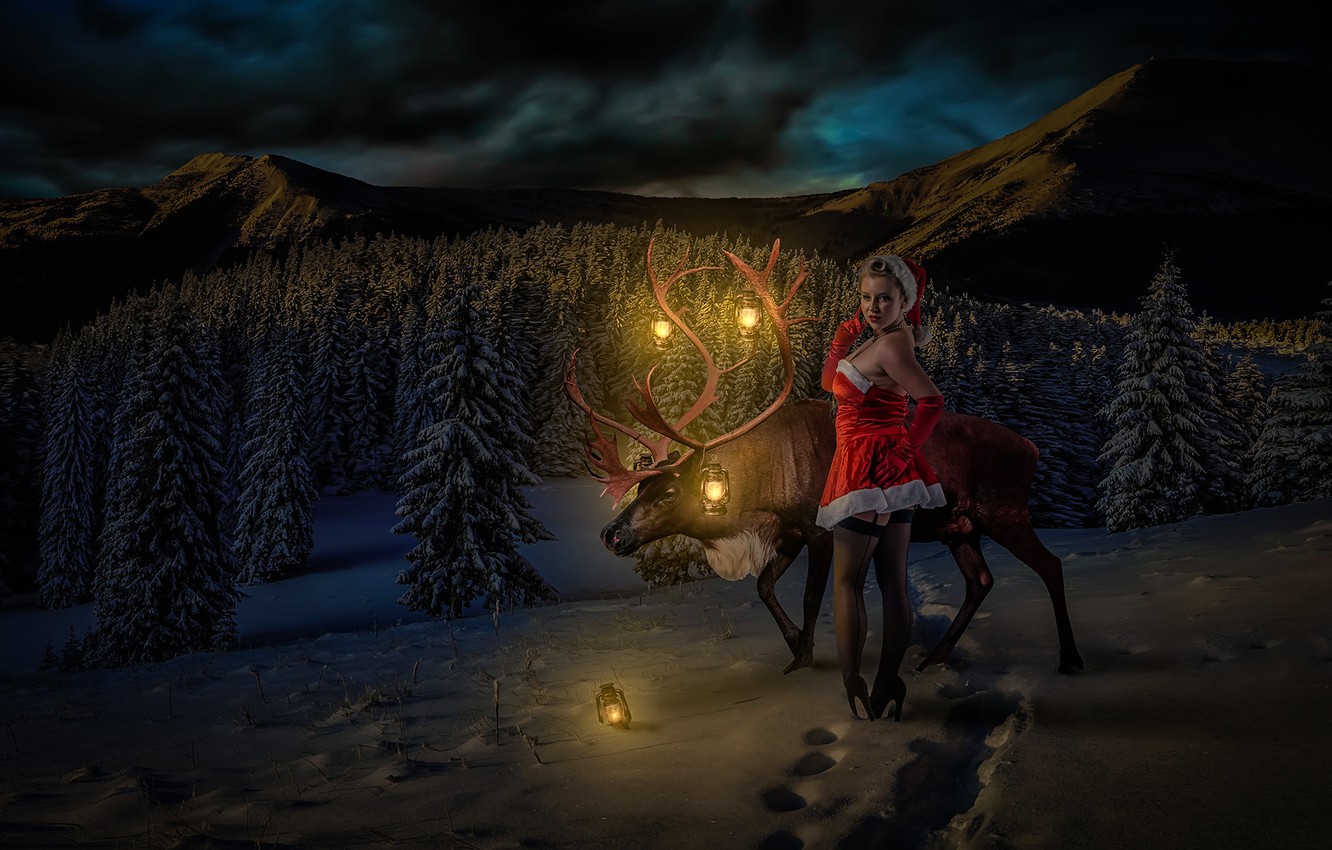 Photo Wallpaper Girl, Deer, Winter Wonderland - Winter Wonderland Dual - HD Wallpaper 