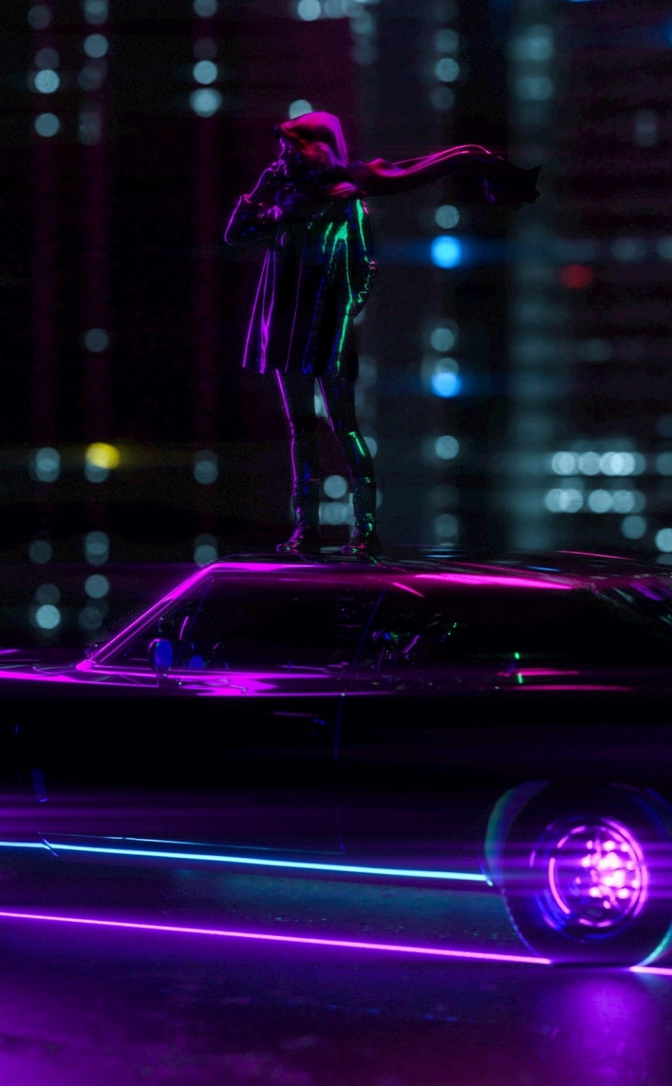 Girl Standing On Car, Light Trails, Neon, City, Wallpaper - Girl Car Wallpaper Phone - HD Wallpaper 