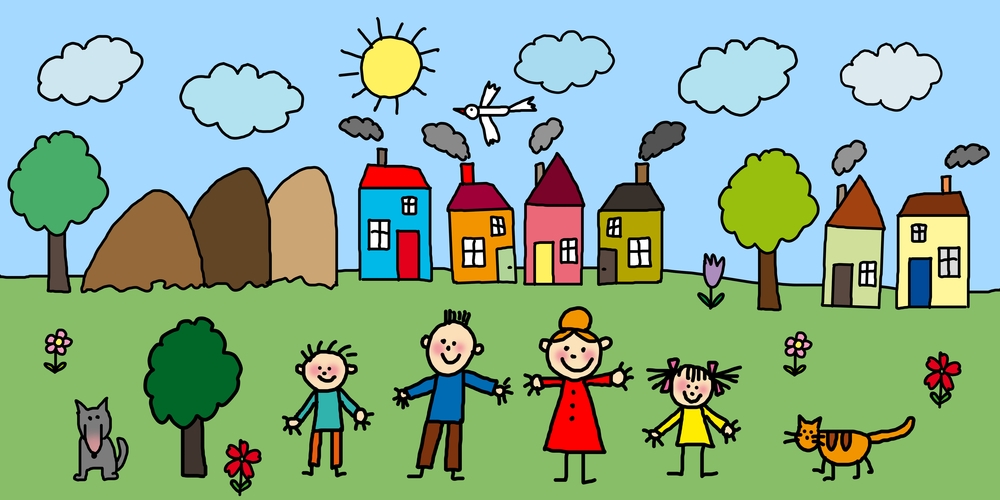 Cute Cartoon Happy Family - My Green City Drawing - 1000x500 Wallpaper -  