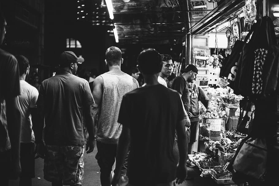 Black And White, People, Crowd, Market, Gang, Sales, - HD Wallpaper 