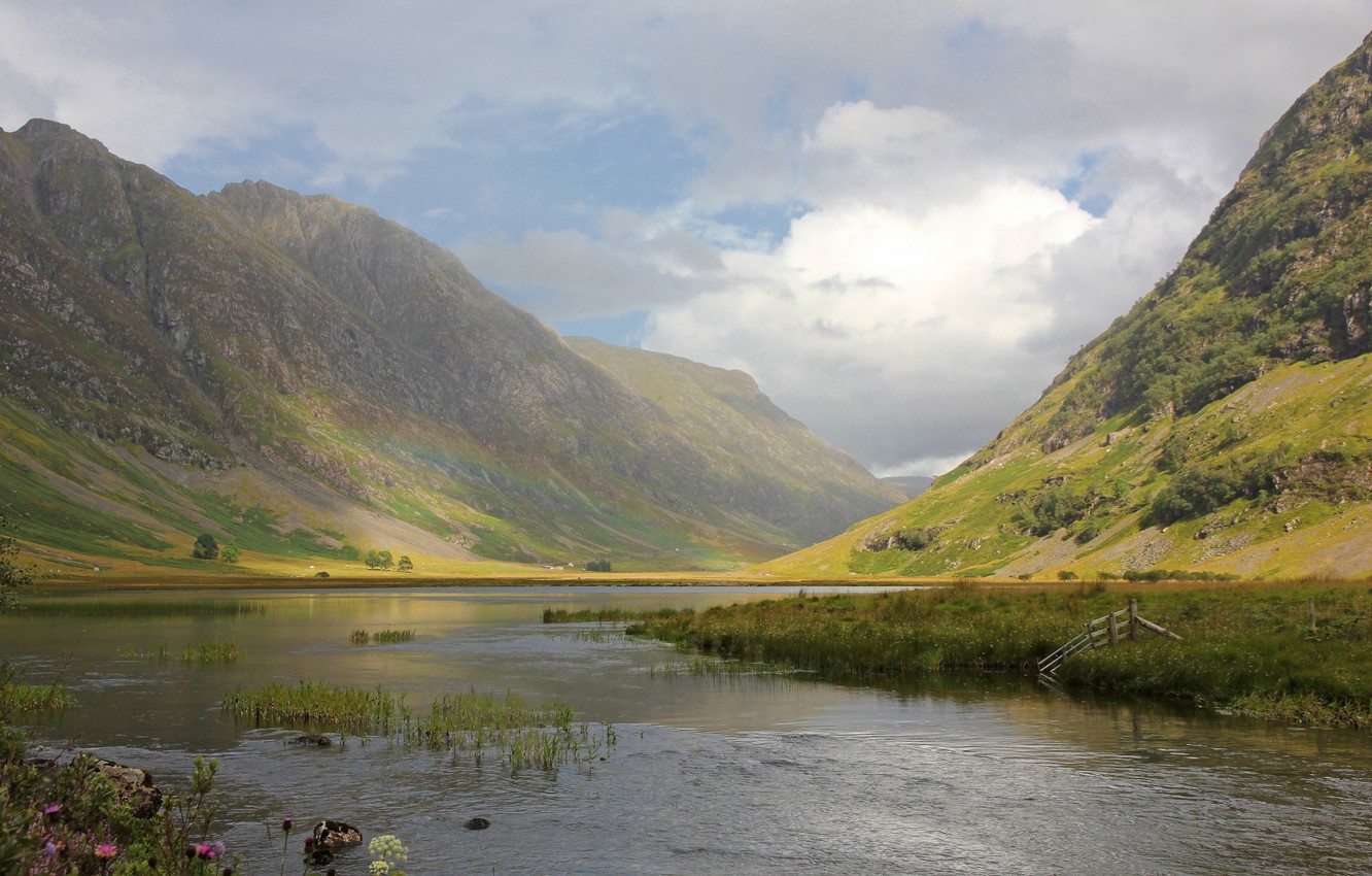 Photo Wallpaper Mountains, Nature, River, Rainbow, - Scotland - HD Wallpaper 
