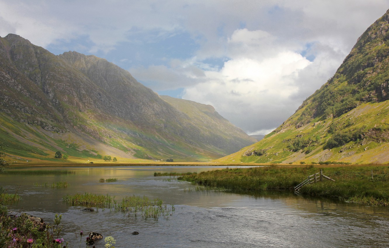 Photo Wallpaper Mountains, Nature, River, Rainbow, - Scotland - HD Wallpaper 