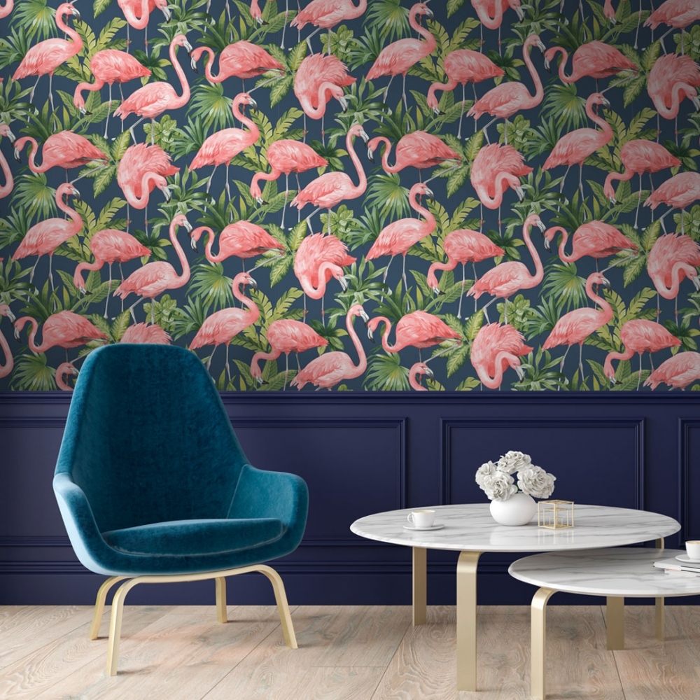 Flamingos Wallpaper Navy Blue - HD Wallpaper 