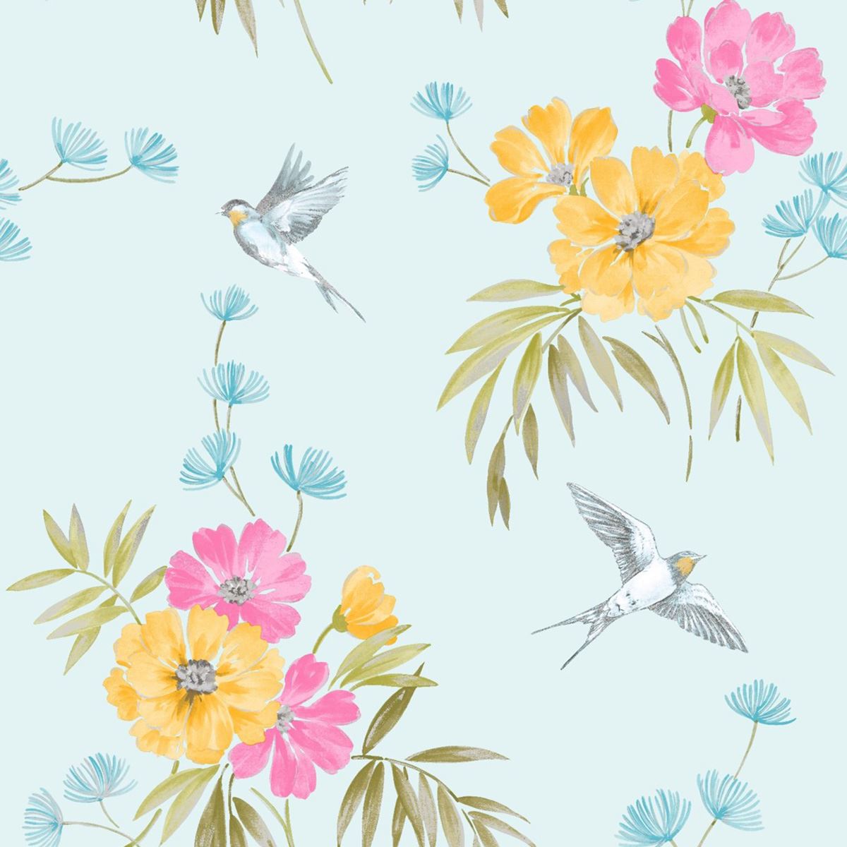 Teal Floral Wallpaper - Flower And Bird Designs - HD Wallpaper 