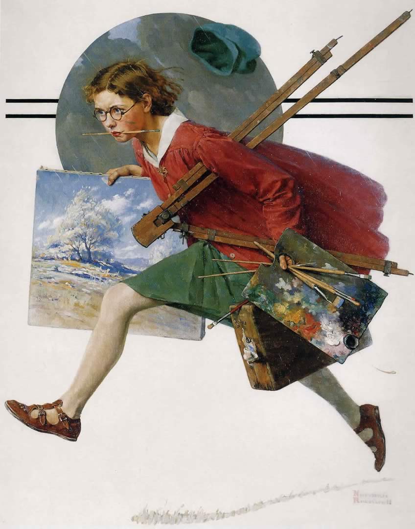 Girl Running With Wet Canvas - Norman Rockwell Art Girl - HD Wallpaper 