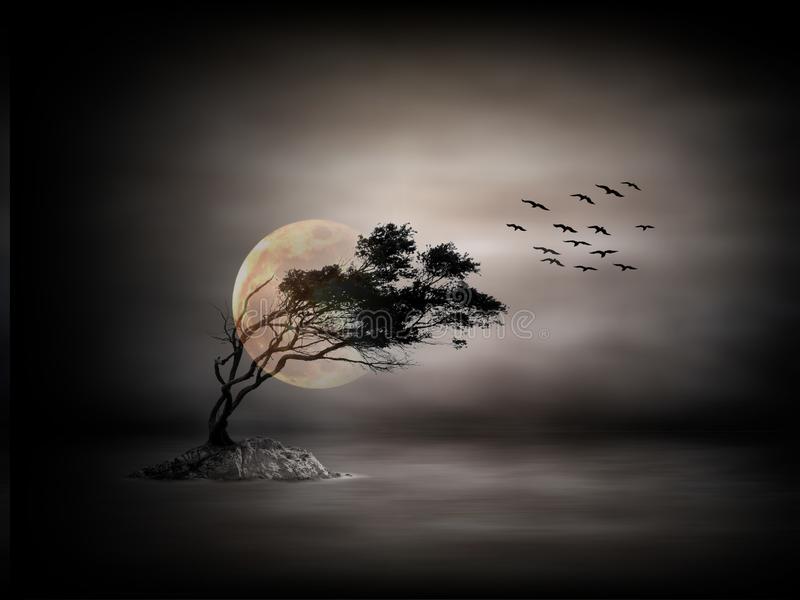 An Isolated Tree Silhouette And Flock Of Birds Flying - Illustration ...