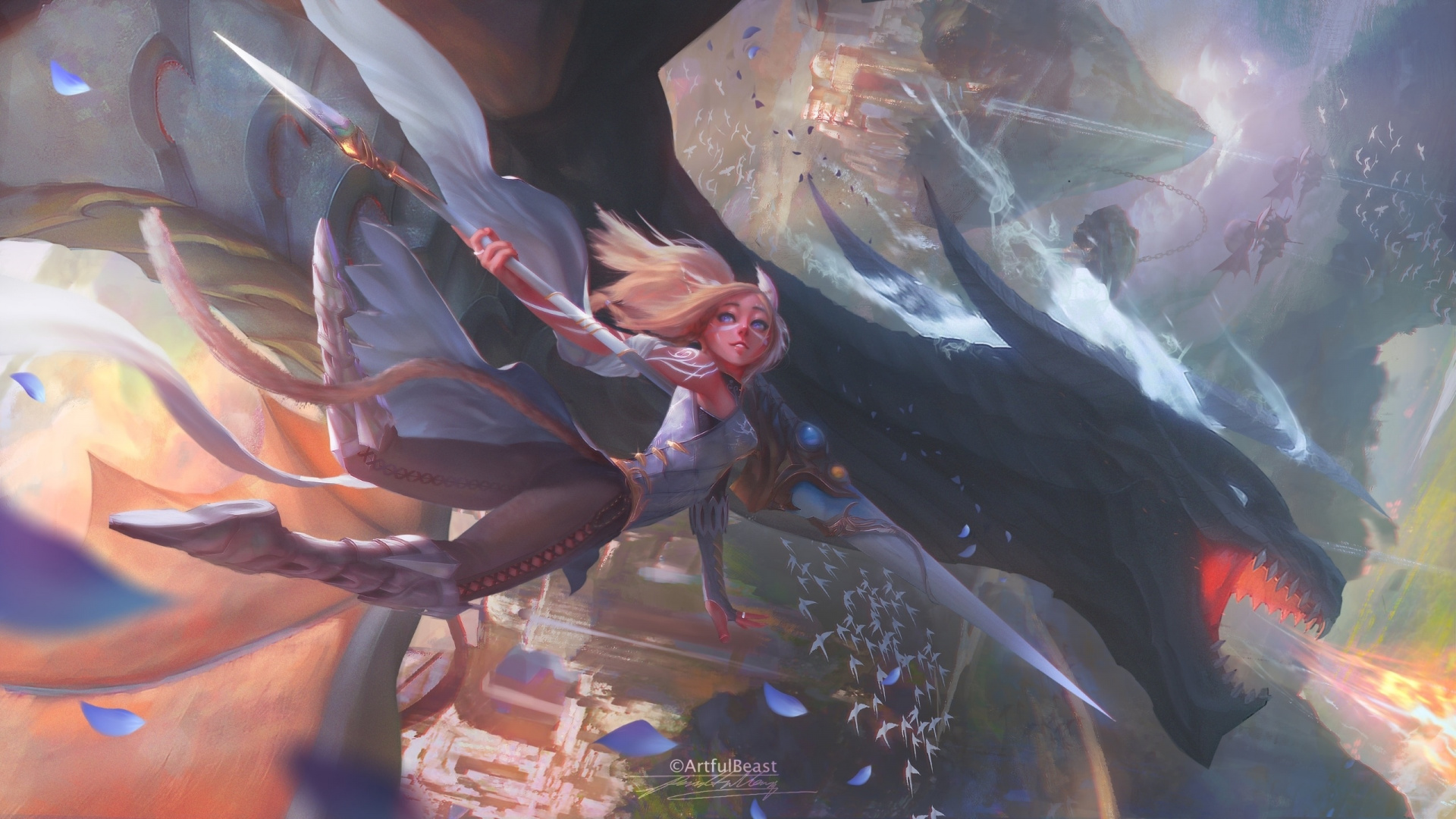 Beast And Girl, Warrior, Fantasy, Art, Wallpaper - 4k Dragon Flying - HD Wallpaper 