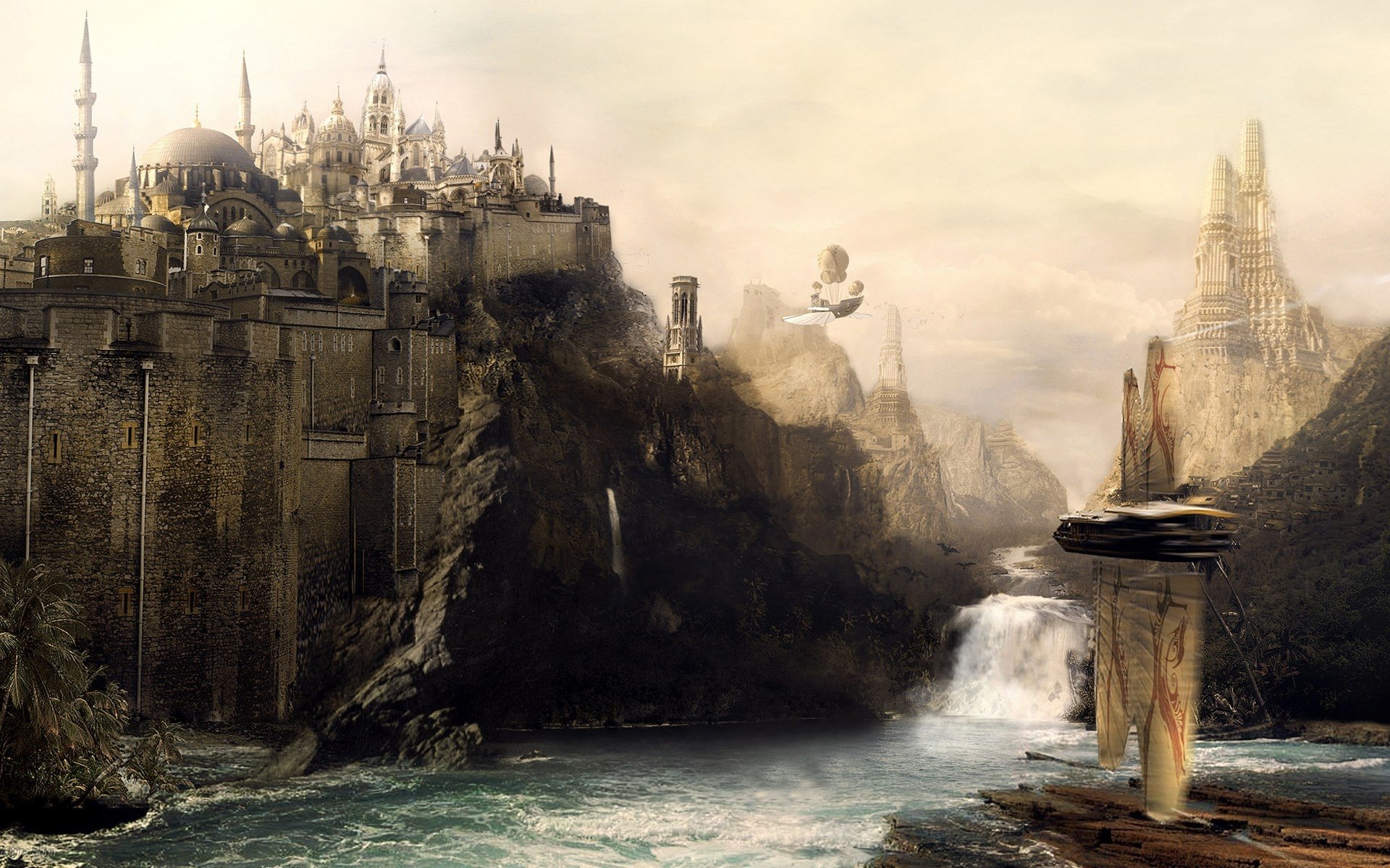Fantasy River City Art - HD Wallpaper 