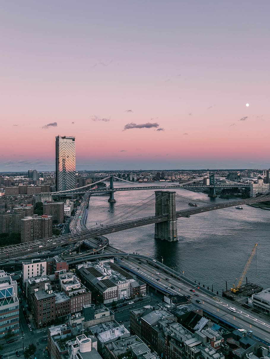 Aerial View Of City, Sunset, Brooklyn Bridge, Williamsburg, - HD Wallpaper 